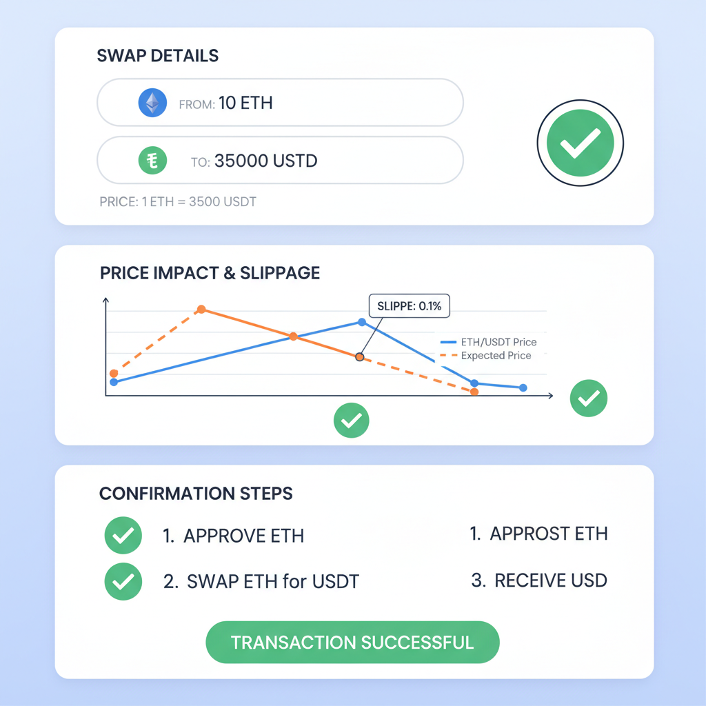 DeFi transaction simulation screen showing swap details, charts for price impact, green checkmarks