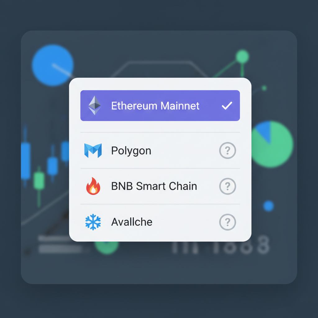 dropdown menu selecting EVM chain like Ethereum or Polygon in DeFi app, network icons