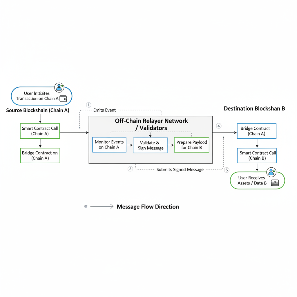 detailed flowchart of cross-chain bridge message flows between blockchains, technical diagram style