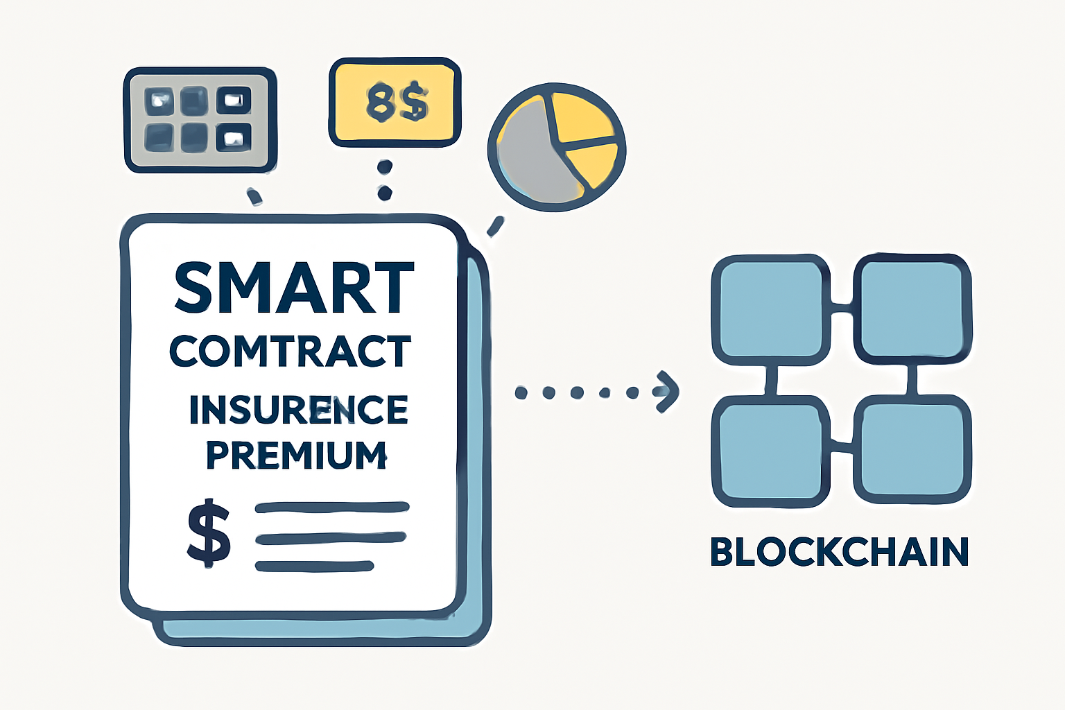 A smart contract calculating insurance premiums, with numbers and data flowing into a blockchain ledger.
