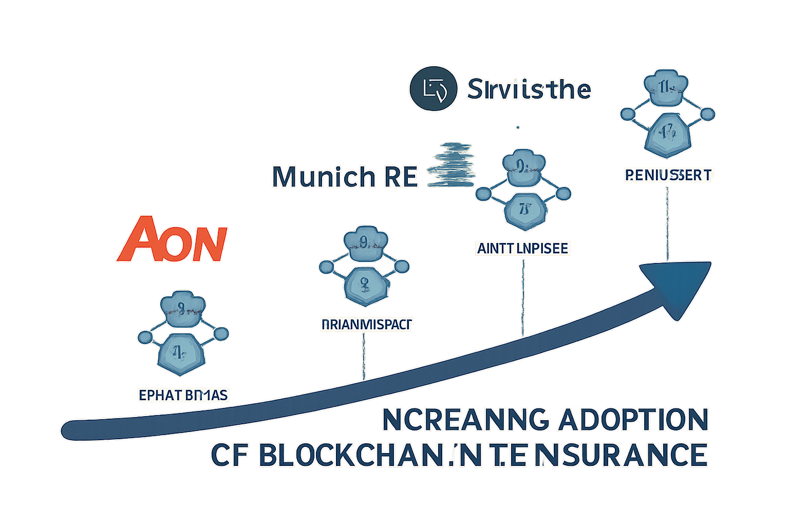 A timeline showing increasing adoption of blockchain in reinsurance, with company logos and smart contract icons.