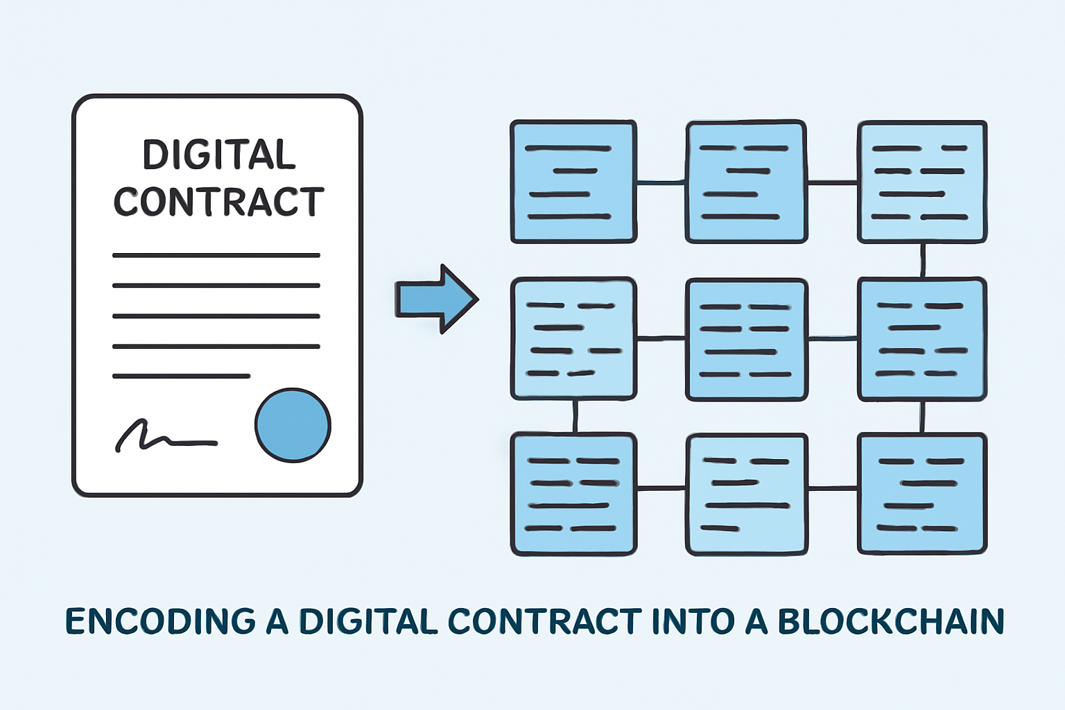 A digital contract being encoded into a blockchain, with legal documents transforming into code blocks on a digital ledger.