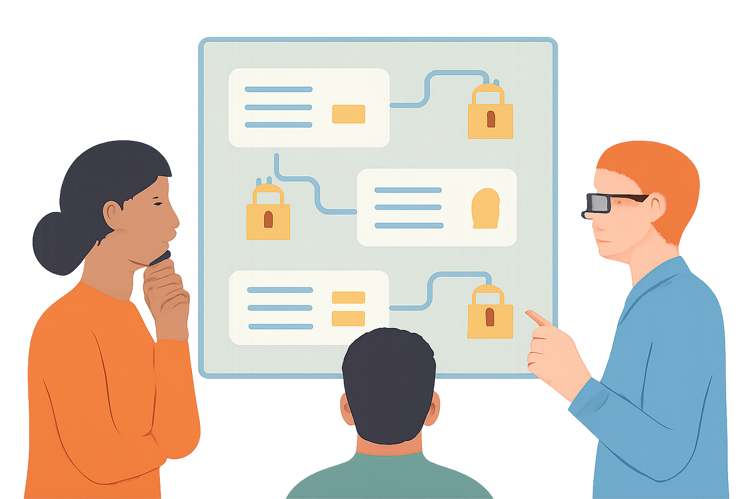 Multiple parties viewing a transparent blockchain ledger, with records highlighted and secured by digital locks.