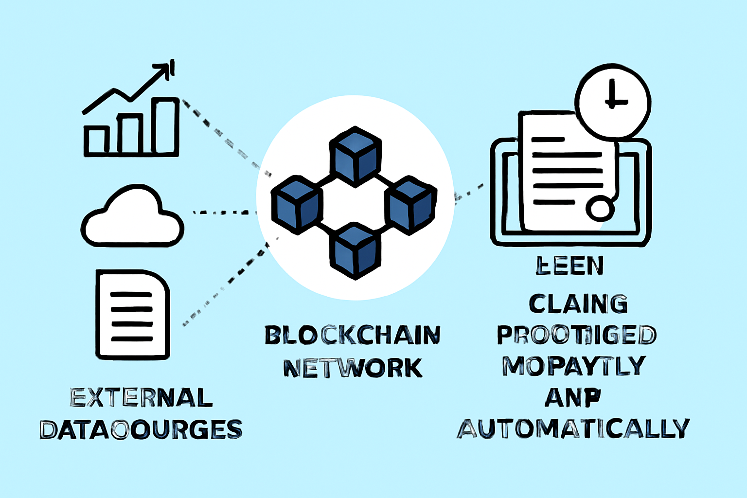 A blockchain network connected to external data sources, with claims being processed instantly and automatically.