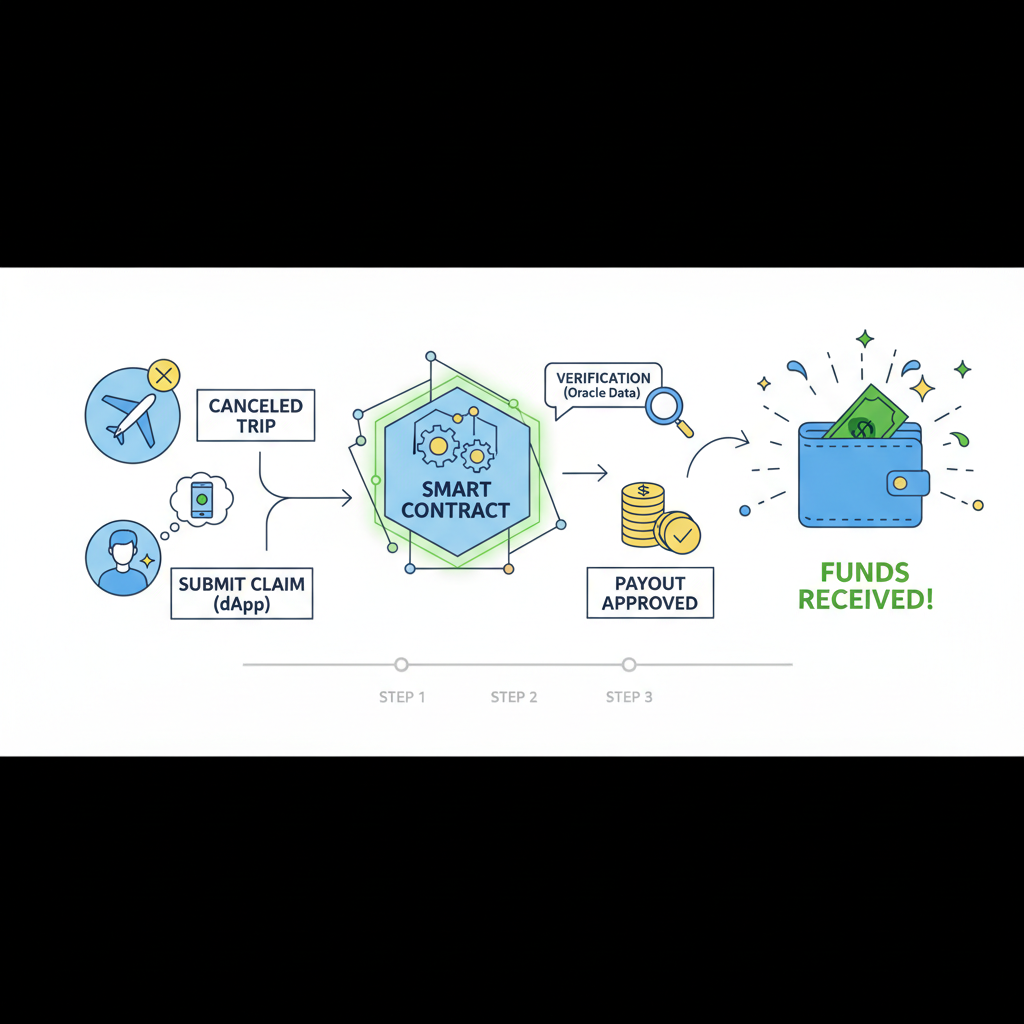claiming onchain insurance for canceled trip, smart contract payout flow, success animation