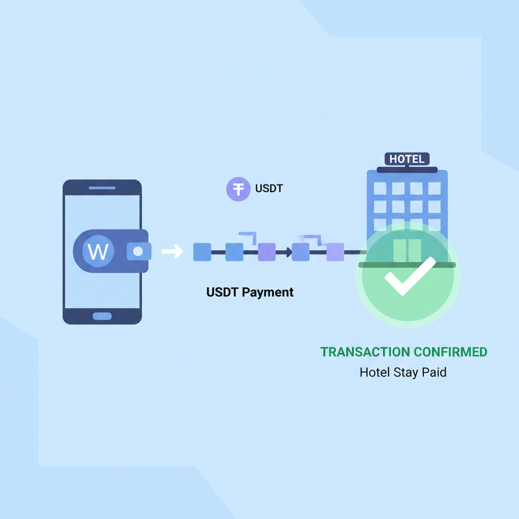 wallet connecting to pay USDT for hotel, blockchain transaction animation, green confirmation