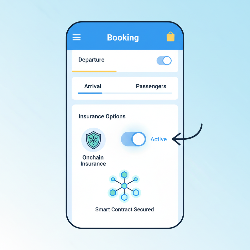 onchain insurance toggle in booking app, smart contract visualization, protective shield icon