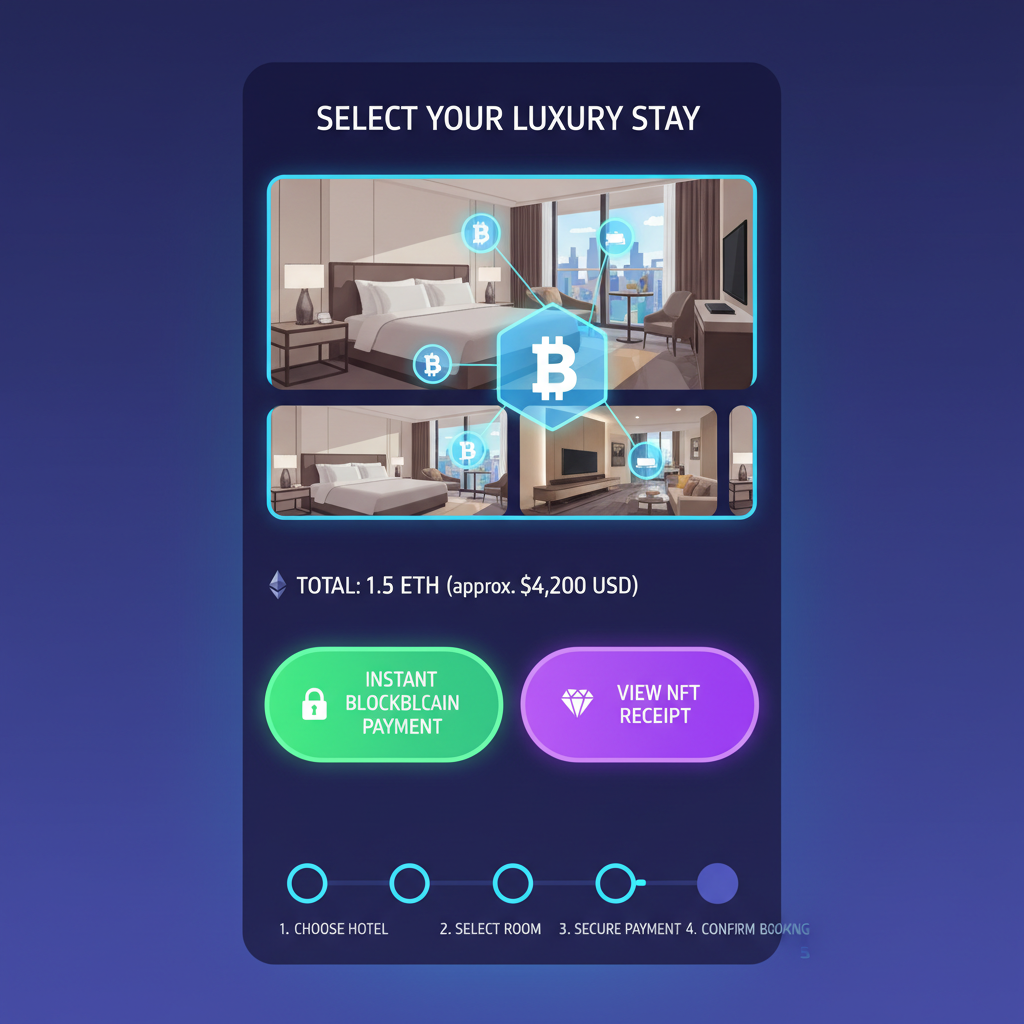 modern travel app interface selecting luxury hotel room, blockchain elements, vibrant UI, futuristic