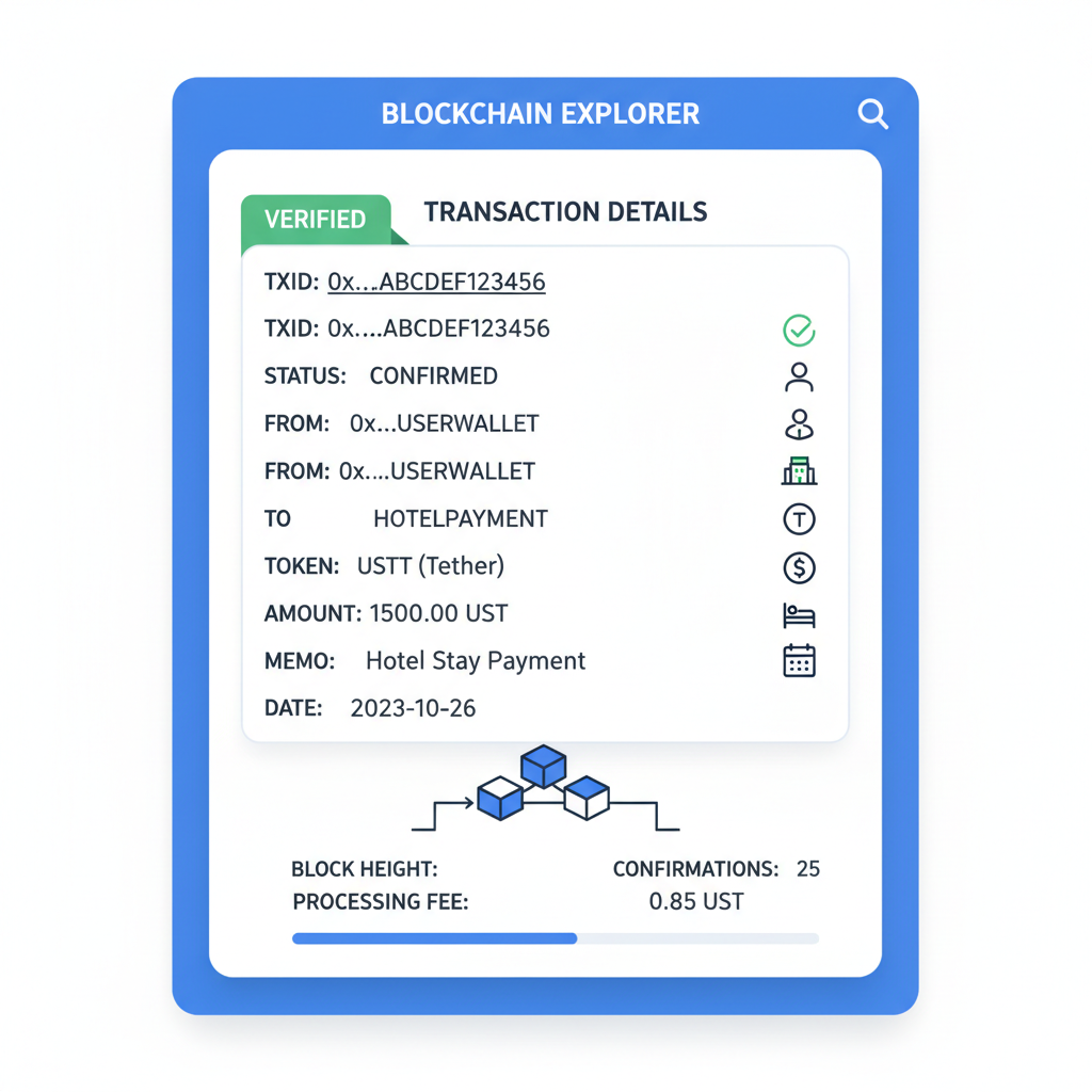 blockchain explorer screen showing verified USDT hotel payment transaction, data visualization