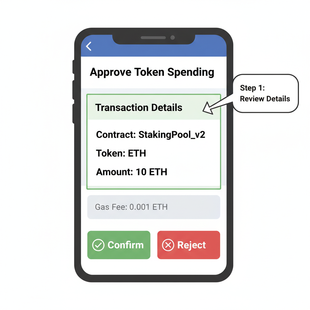 crypto wallet approval screen for token spending on staking contract, transaction details highlighted