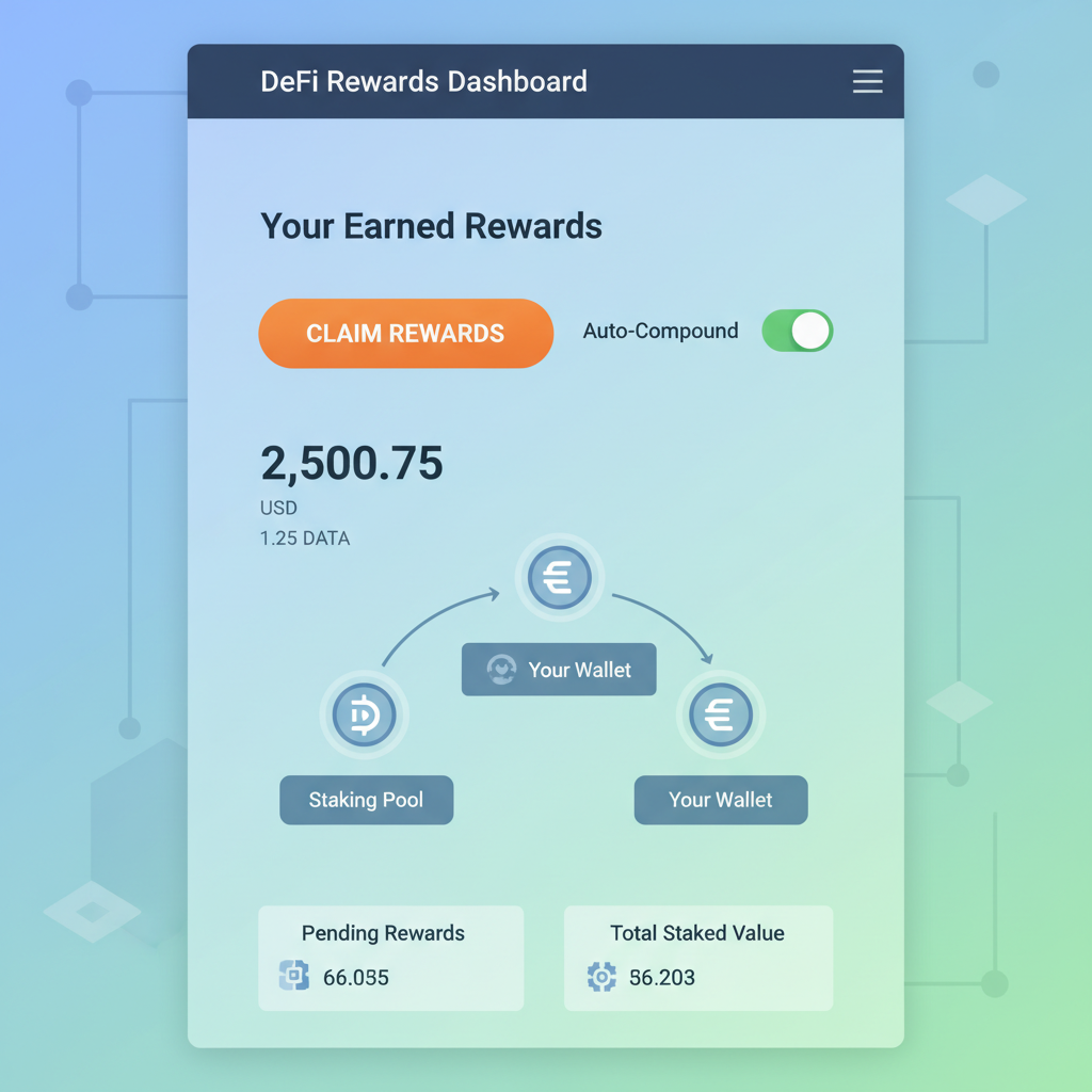 DeFi interface showing claim rewards button, auto-compound toggle, token flow animation