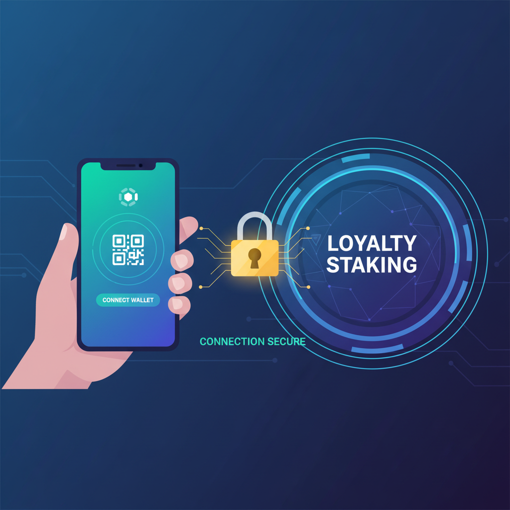 user securely connecting crypto wallet to DeFi loyalty staking dApp, futuristic neon interface, secure lock icon