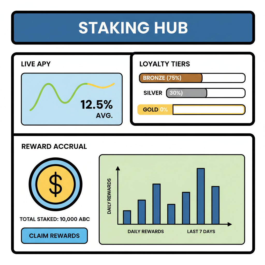 staking dashboard with live APY charts, loyalty tiers progress bars, reward accrual graphs