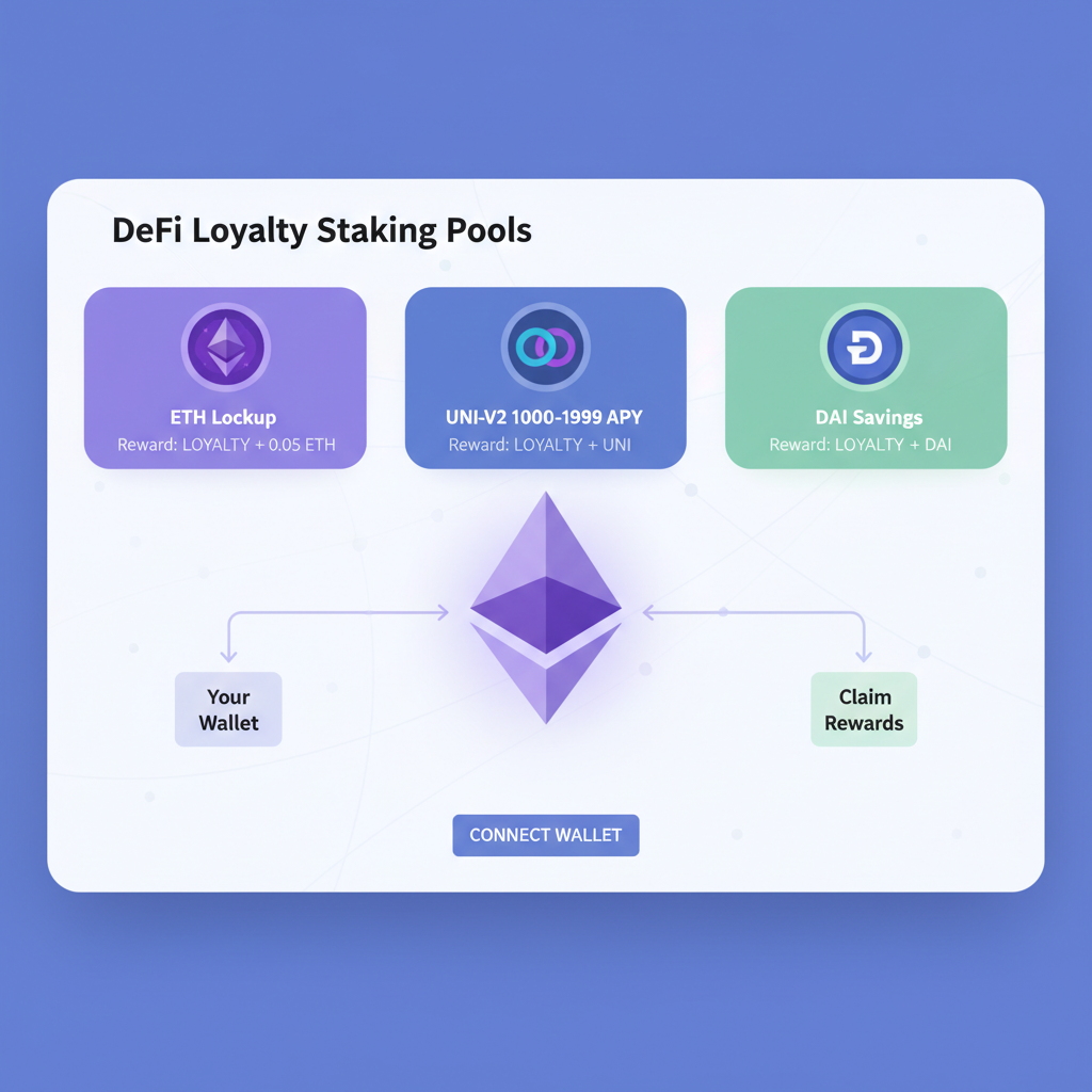 DeFi dashboard displaying loyalty staking pools with APY tiers, reward tokens, Ethereum blockchain theme
