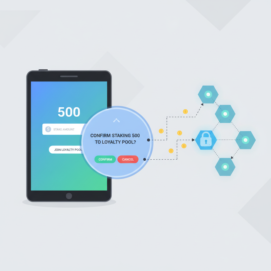 user entering stake amount in loyalty pool interface, confirmation popup, blockchain staking visualization