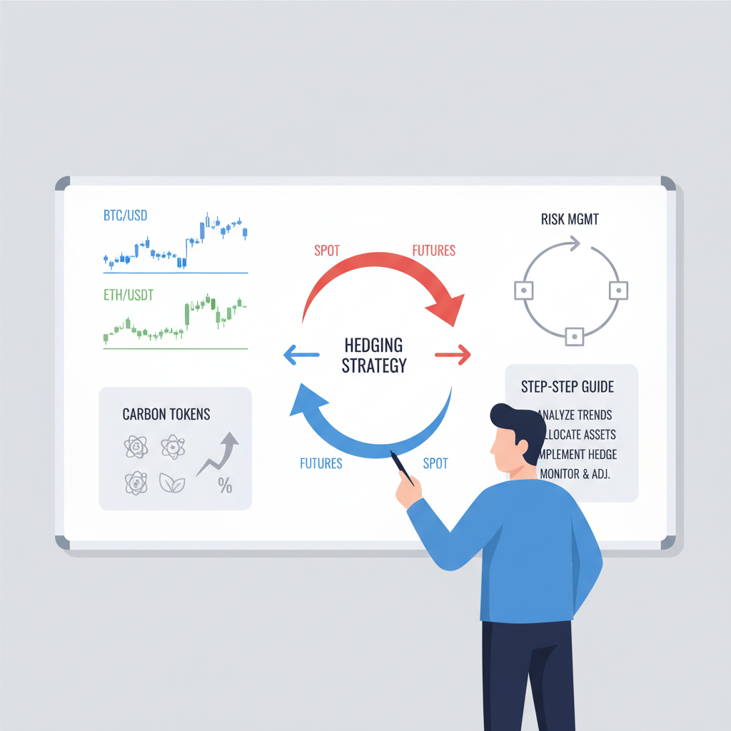 strategy whiteboard with crypto charts, carbon tokens, hedging arrows, trader in focus