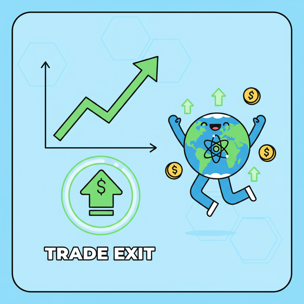 successful trade exit on DEX, profits chart rising, carbon earth icon celebrating