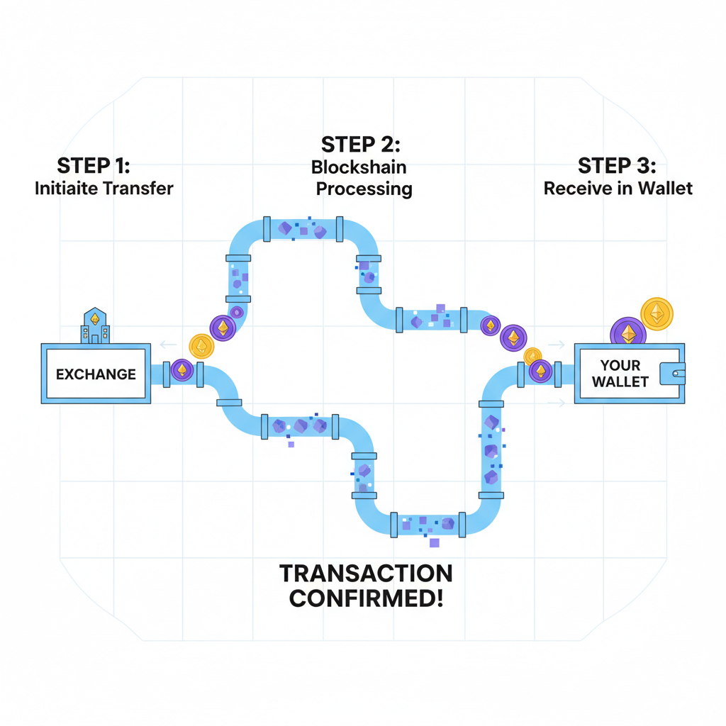 ethereum transfer from exchange to wallet, glowing ETH coins flowing through blockchain pipes