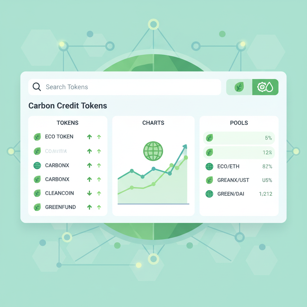 DEX token search screen showing carbon credit tokens, charts and pools, green earth blockchain theme