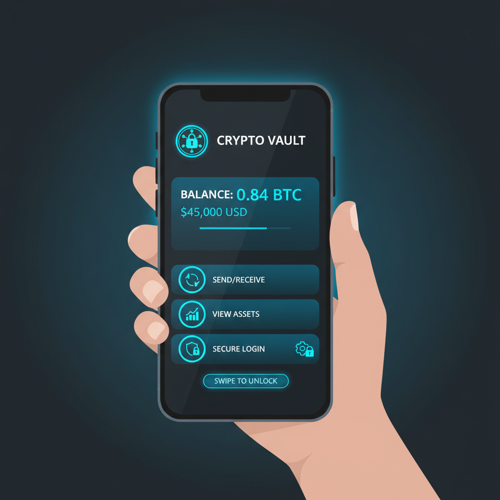sleek crypto wallet app interface on smartphone, futuristic blue neon glow, secure vault aesthetic