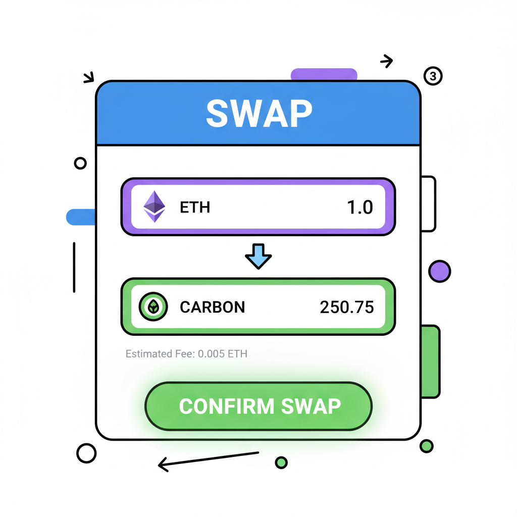 Uniswap swap execution screen, ETH to carbon token trade, confirm button glowing green