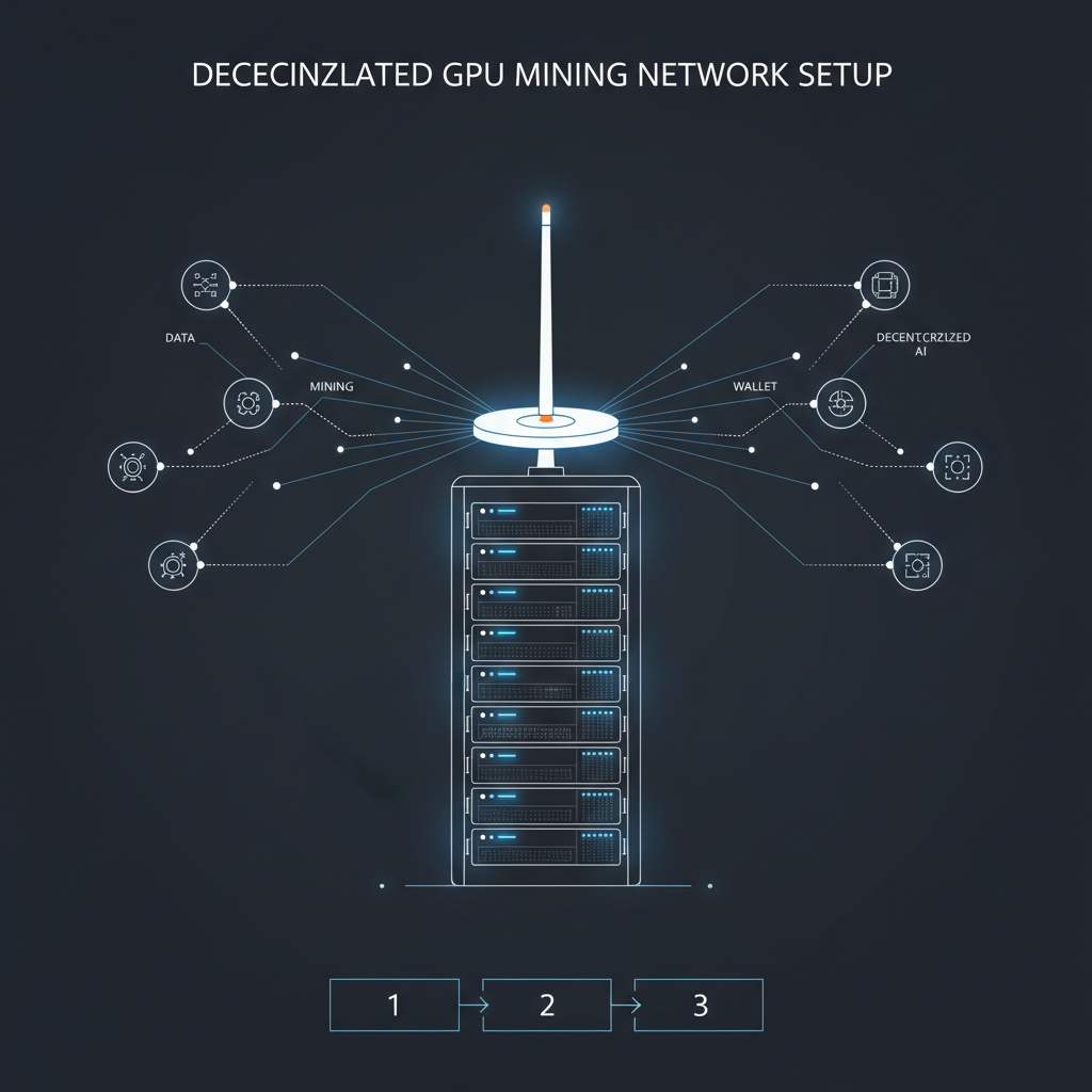 modern GPU server rack with Helium hotspot antenna, decentralized network visualization, tech blueprint style