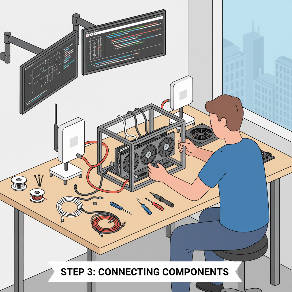 person assembling GPU rig and Helium hotspot on desk, tools and cables around, realistic setup scene