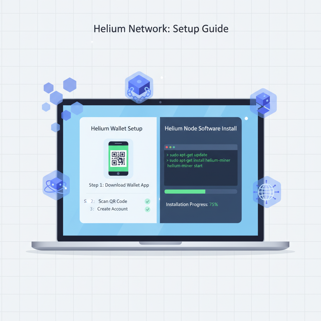 laptop screen showing Helium wallet setup and node software install, holographic blockchain icons