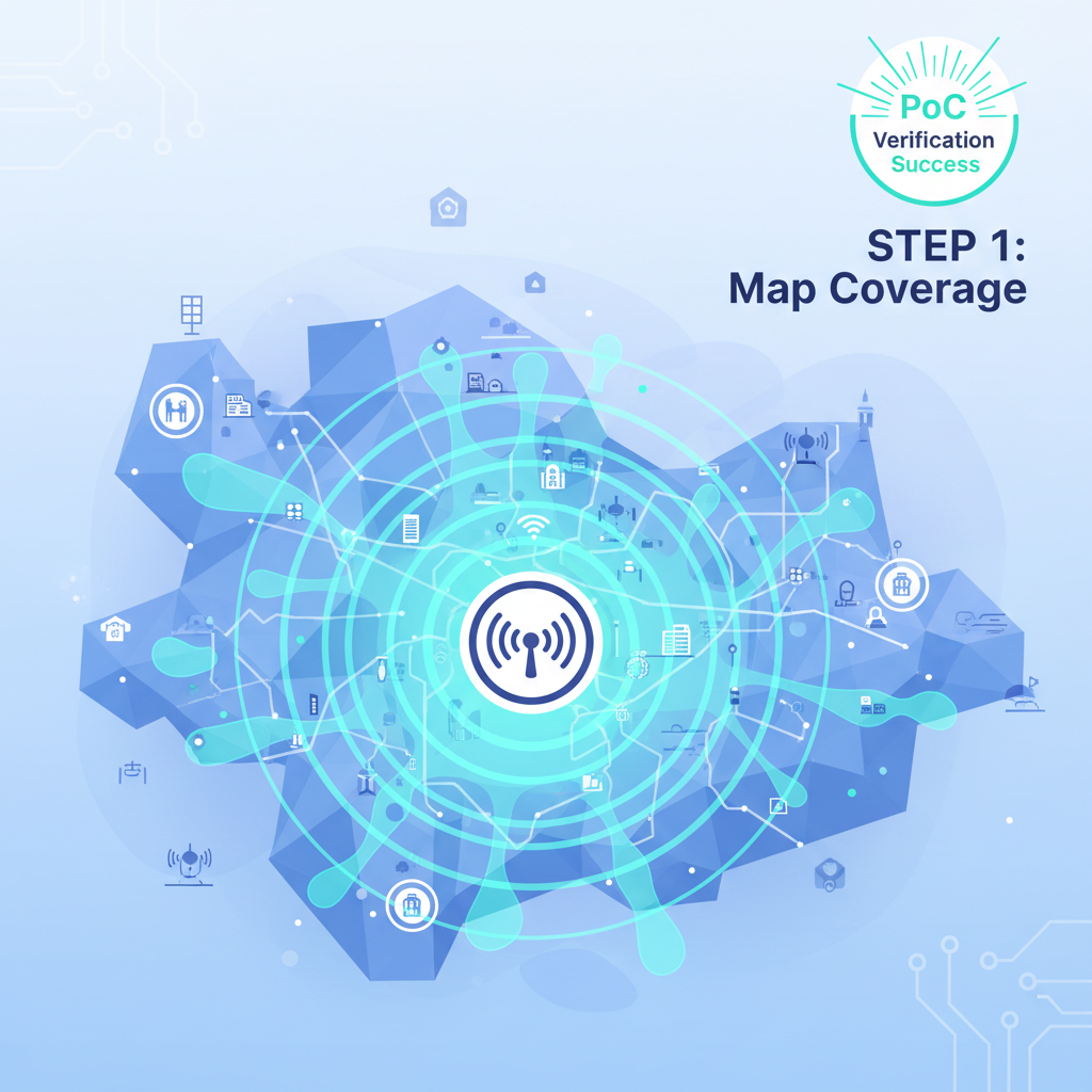 wireless signal waves from hotspot mapping coverage area on map, PoC verification success badge, futuristic map view