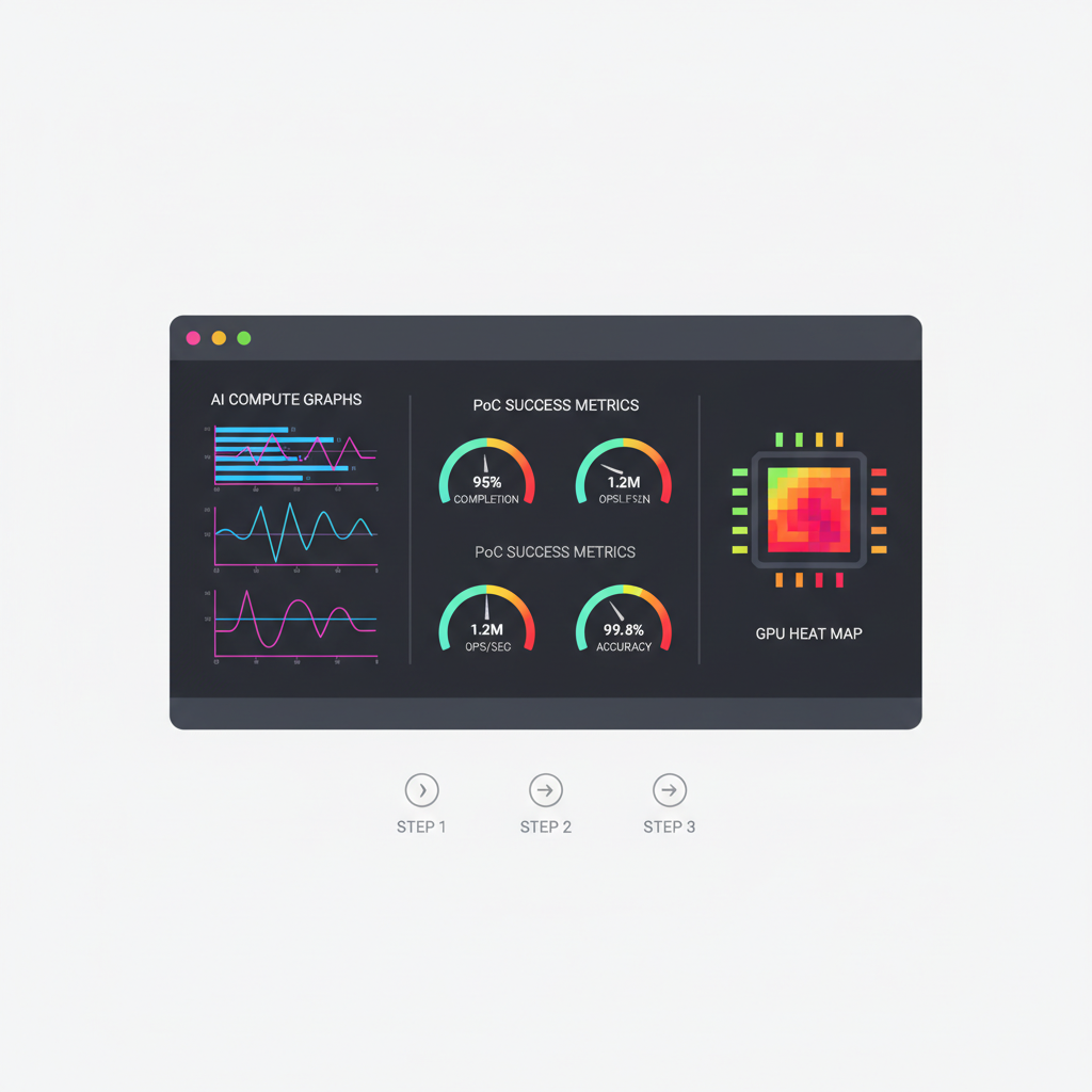 dashboard screen with AI compute graphs, PoC success metrics, GPU heat map, neon data viz style