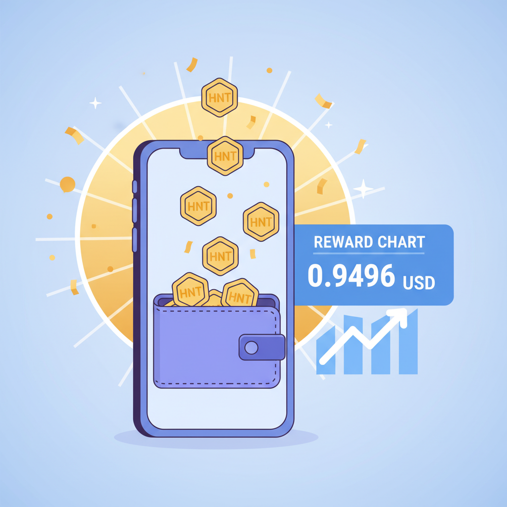HNT tokens raining into digital wallet, reward chart with price $0.9496, golden crypto celebration