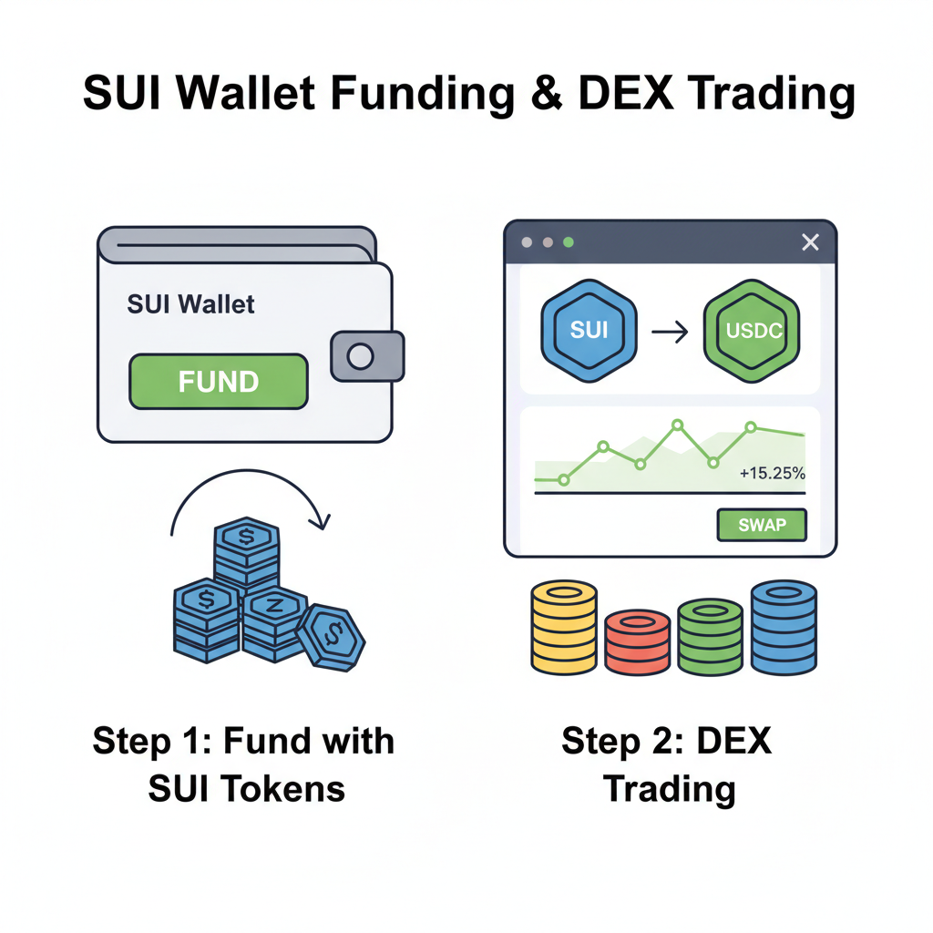 Sui wallet funding with SUI tokens and DEX trading screen, coins stacking, green charts
