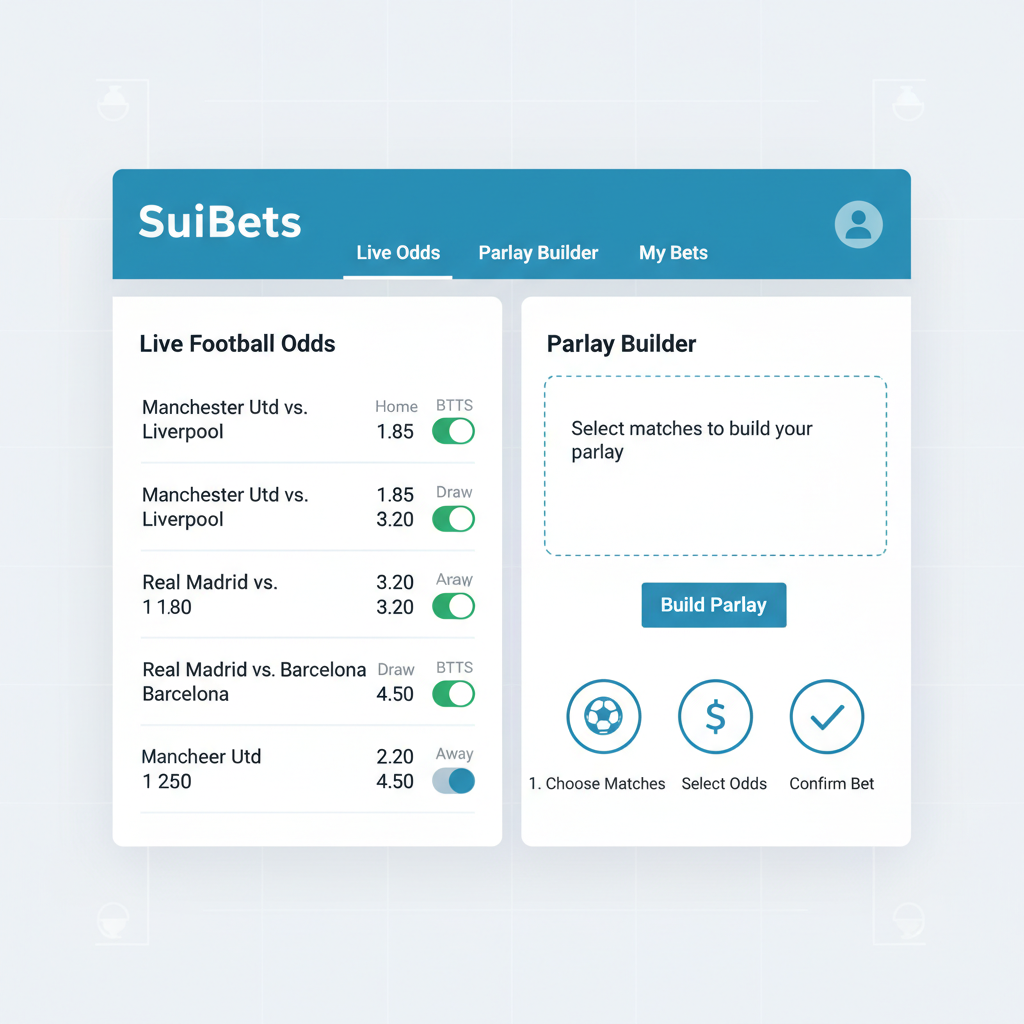 clean SuiBets dashboard with live football odds, parlay builder, BTTS toggle, modern sports UI