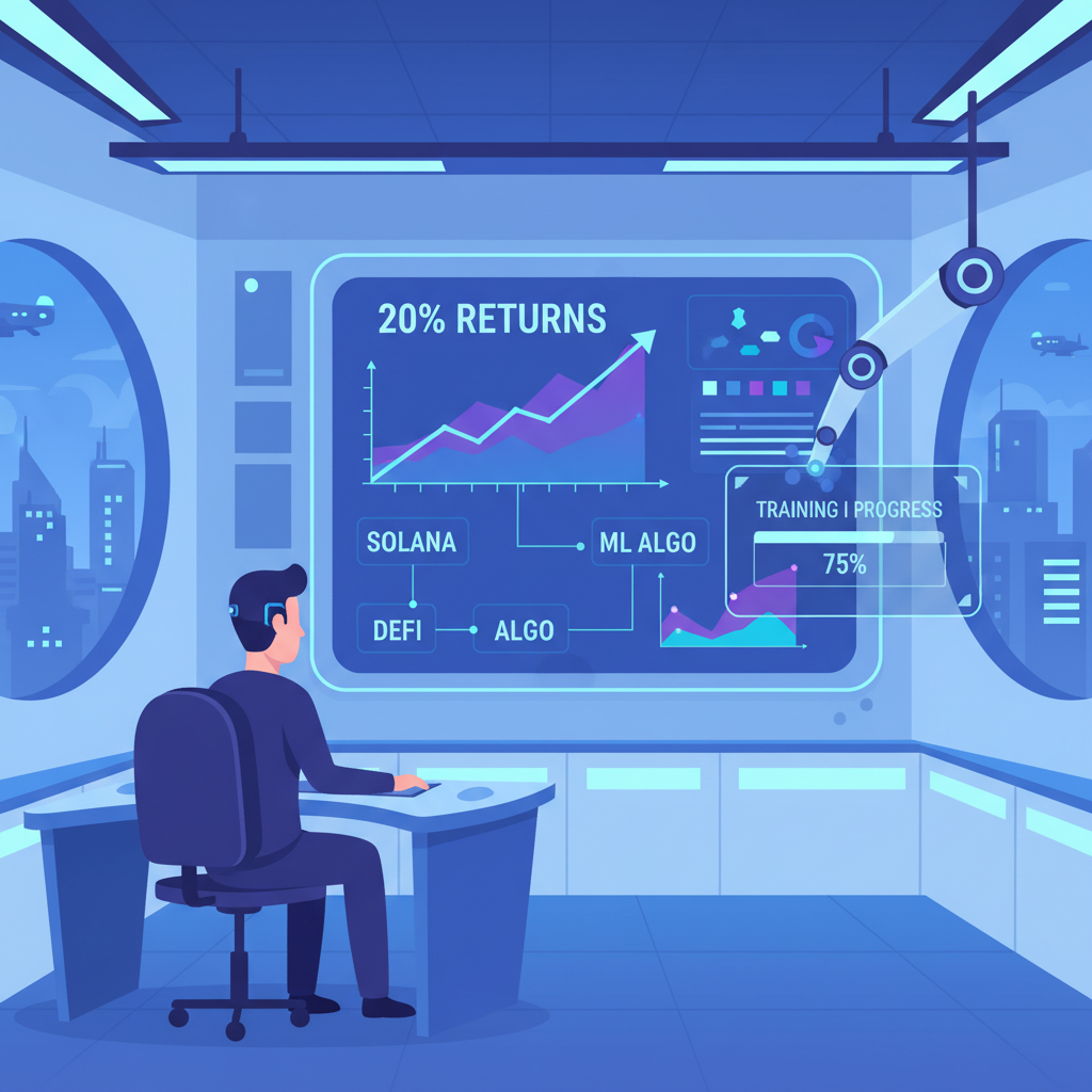 ML model training for Solana DeFi trading strategies, graphs showing 20% returns, futuristic lab