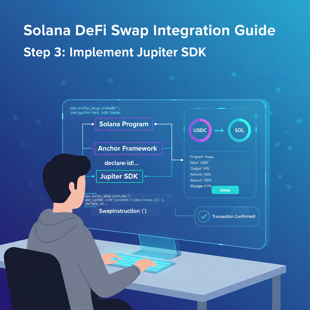 Solana developer integrating Anchor framework with Jupiter SDK for DeFi swaps, code on screen, futuristic UI