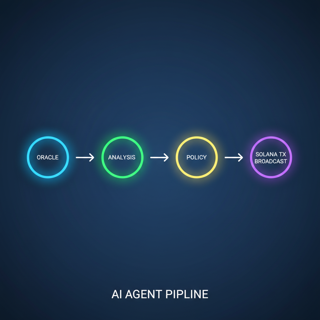 Flowchart of AI agent pipeline: oracle to analysis to policy to Solana tx broadcast, glowing nodes