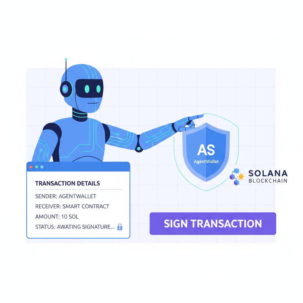 Secure AI agent using AgentWallet Protocol to sign Solana transaction, no private keys visible, shield icon