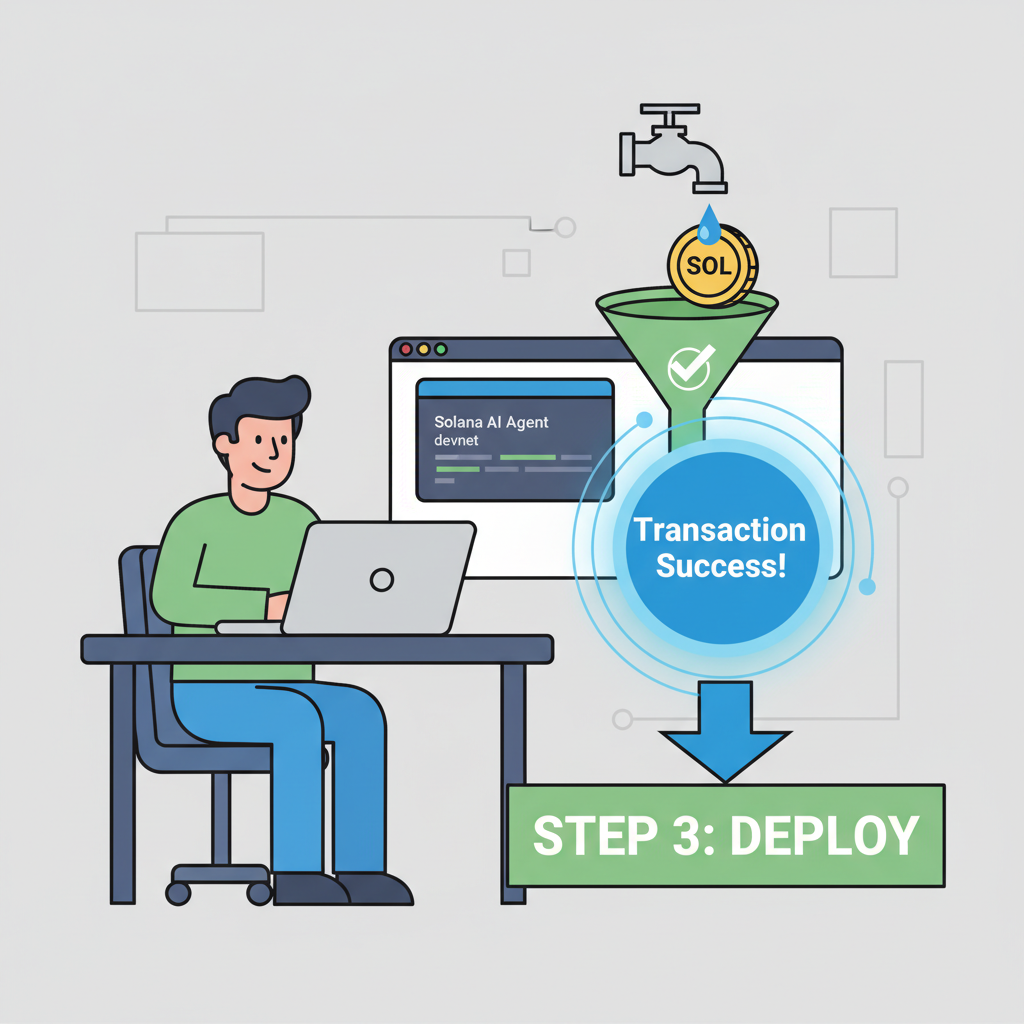 Developer testing Solana AI agent on devnet, faucet dripping SOL, transaction success animation