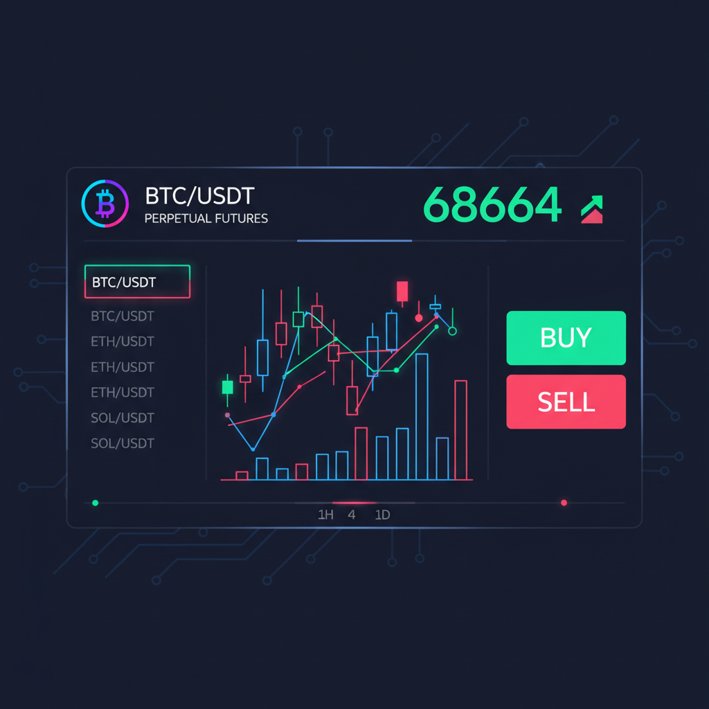 futuristic trading platform screen selecting BTC/USDT perpetual futures pair, neon charts, BTC price 68664