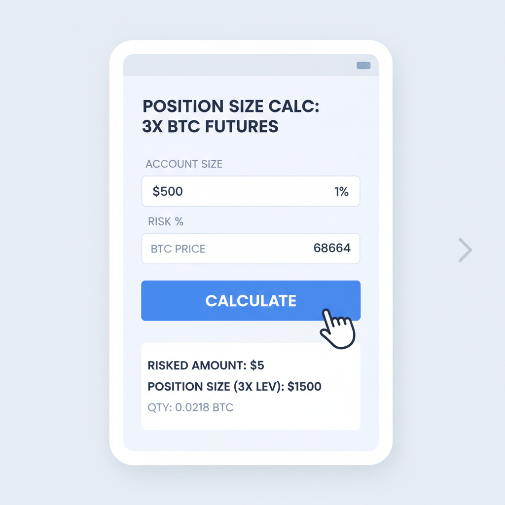 crypto calculator app showing position size calc for 3x BTC futures, $500 account, risk 1%, BTC 68664