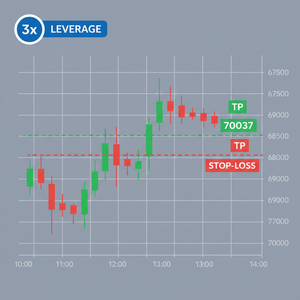 BTC candlestick chart with red stop-loss line at 67977 and green TP at 70037, 3x leverage indicator