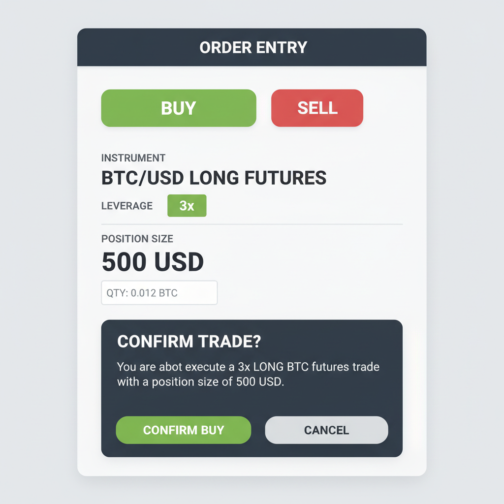 order entry screen confirming 3x long BTC futures trade, green buy button, position size 500 USD
