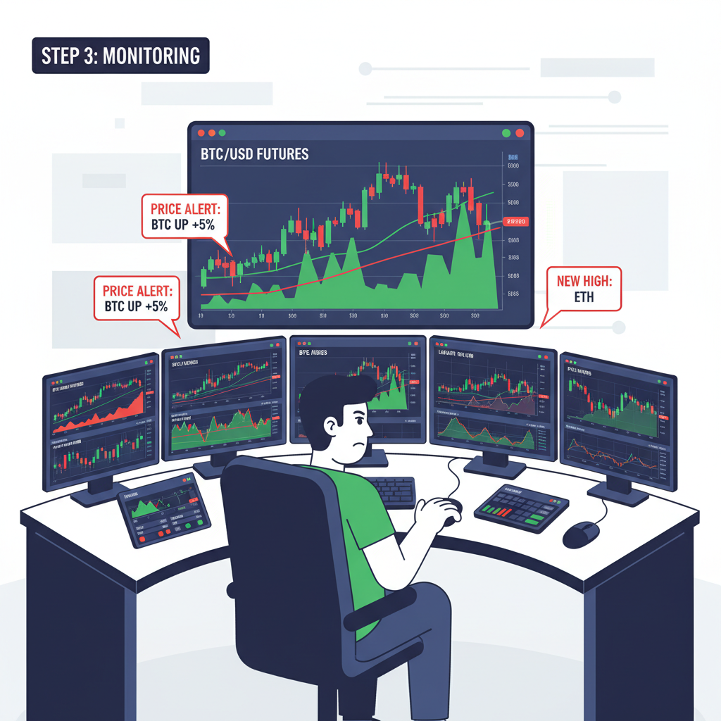 intense trader monitoring multi-screen BTC futures dashboard, real-time charts, alerts popping