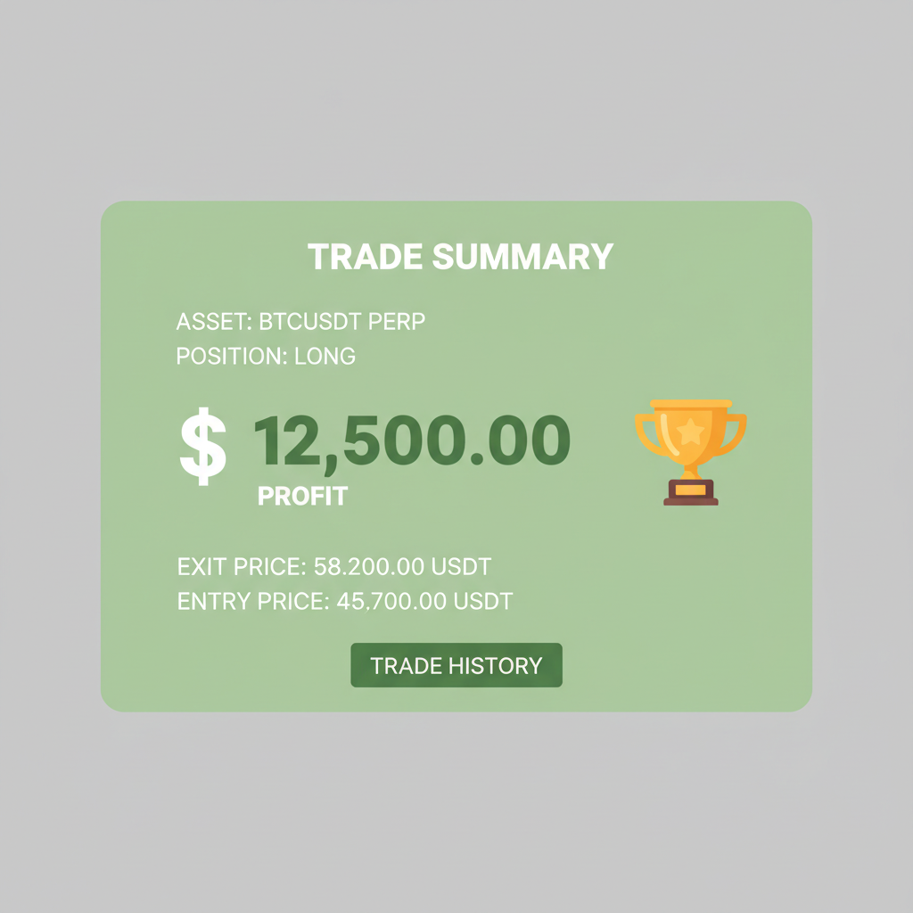 trading P&L screen showing profitable BTC futures exit, green profits, trophy icon