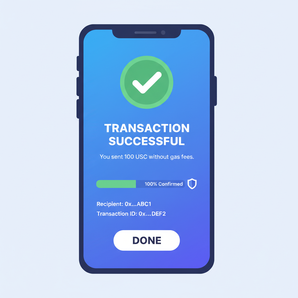 successful gasless USDC transaction confirmation screen