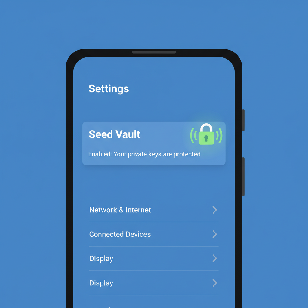 Solana Saga phone settings screen with Seed Vault enabled, secure lock icon glowing