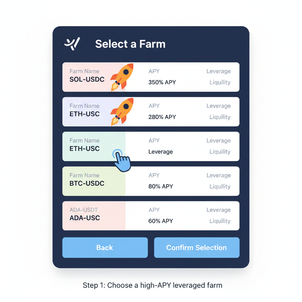 Veera app Kamino leveraged farm selection screen, rocket icons on high APY farms