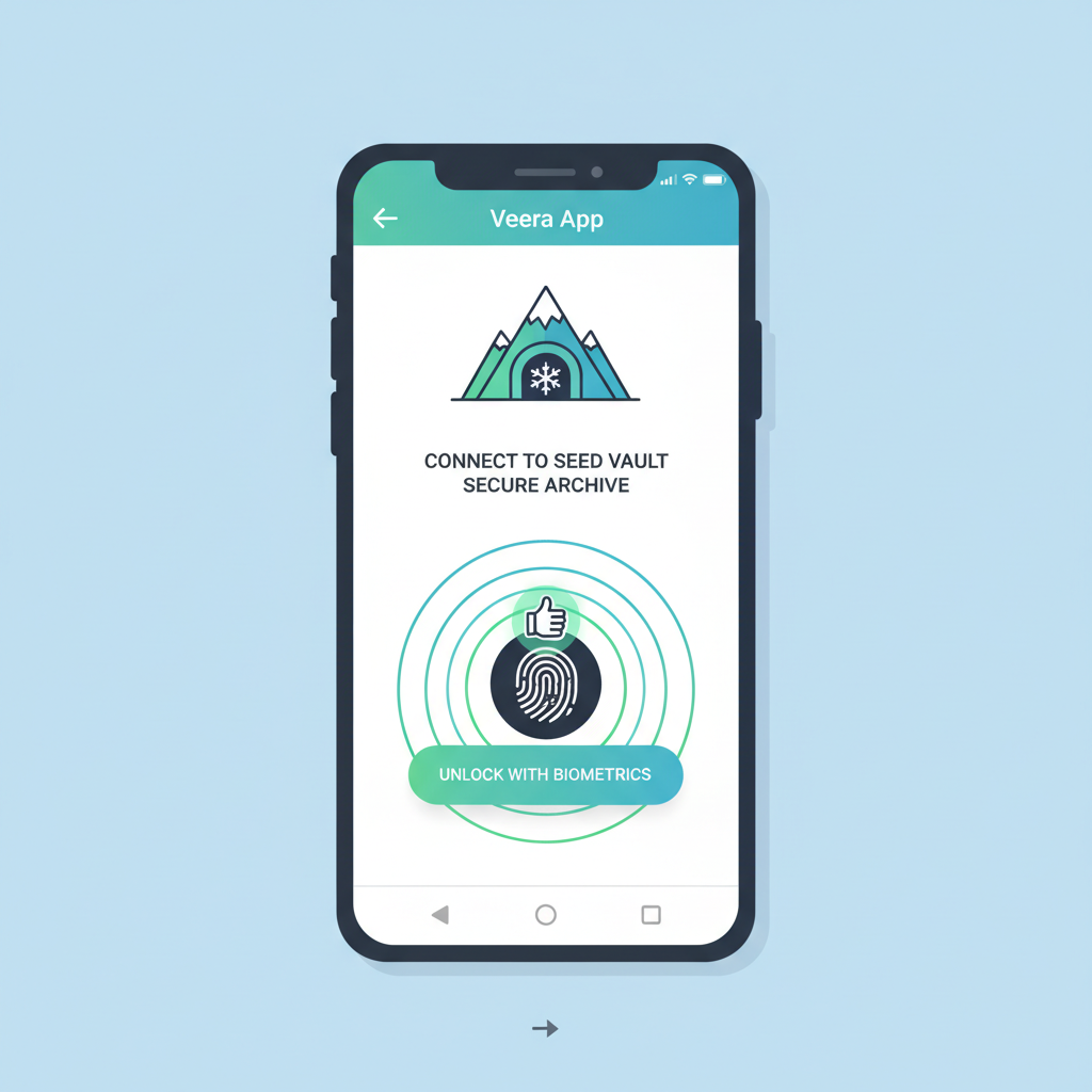 Veera app on Saga phone showing Seed Vault connection prompt, biometric unlock animation
