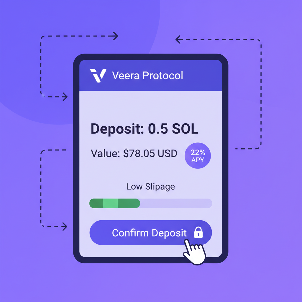 Veera deposit screen 0.5 SOL at $78.05, 22% APY display, low slippage indicator