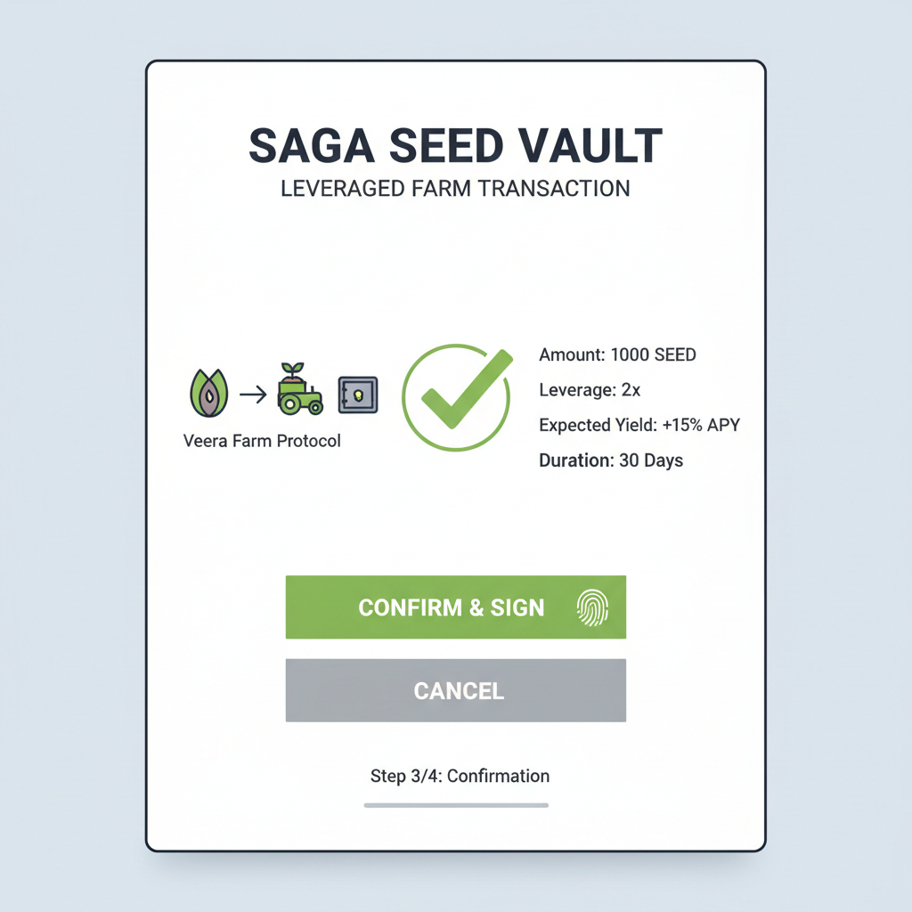 Saga Seed Vault signing leveraged farm transaction in Veera, confirmation screen